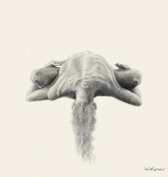 "Black-Eyed", drawing by Sofia Román exploring guilt and shame during bipolar episodes recovery.