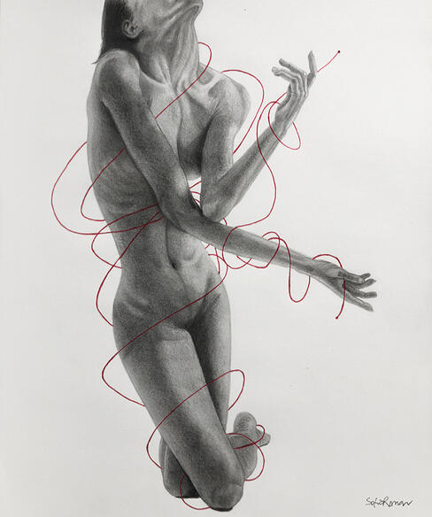 "Prone", graphite drawing by Sofia Román on bipolar mixed episodes.